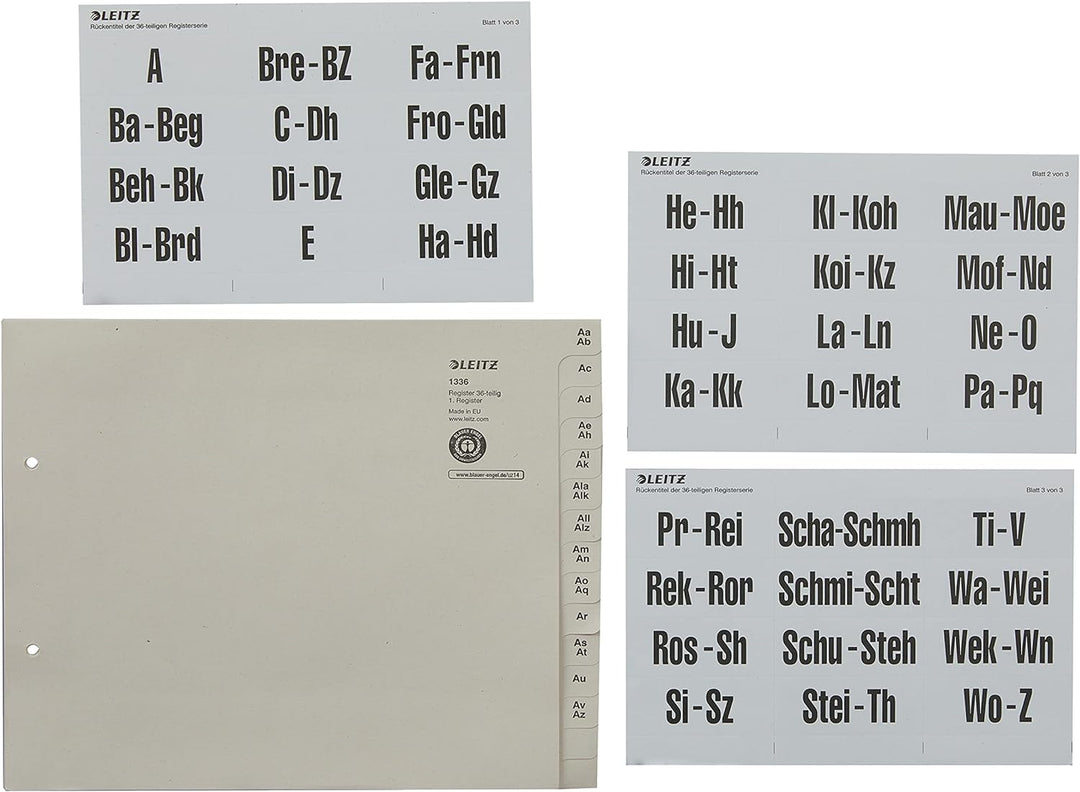 Leitz Register, Trennblätter mit Taben und alphabetischem Aufdruck A-Z für 36 Ordner, Halbe Höhe und