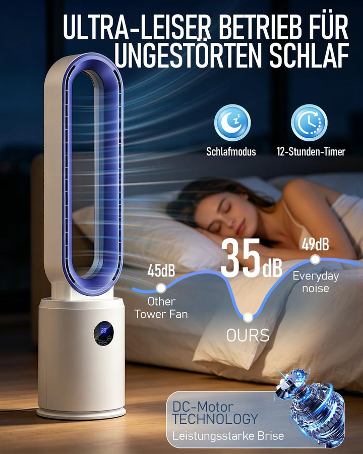 Rotorloser Ventilator, 24 Stufen Leiser Turmventilator Mit Fernbedienung & 12h Timer, Energiesparend
