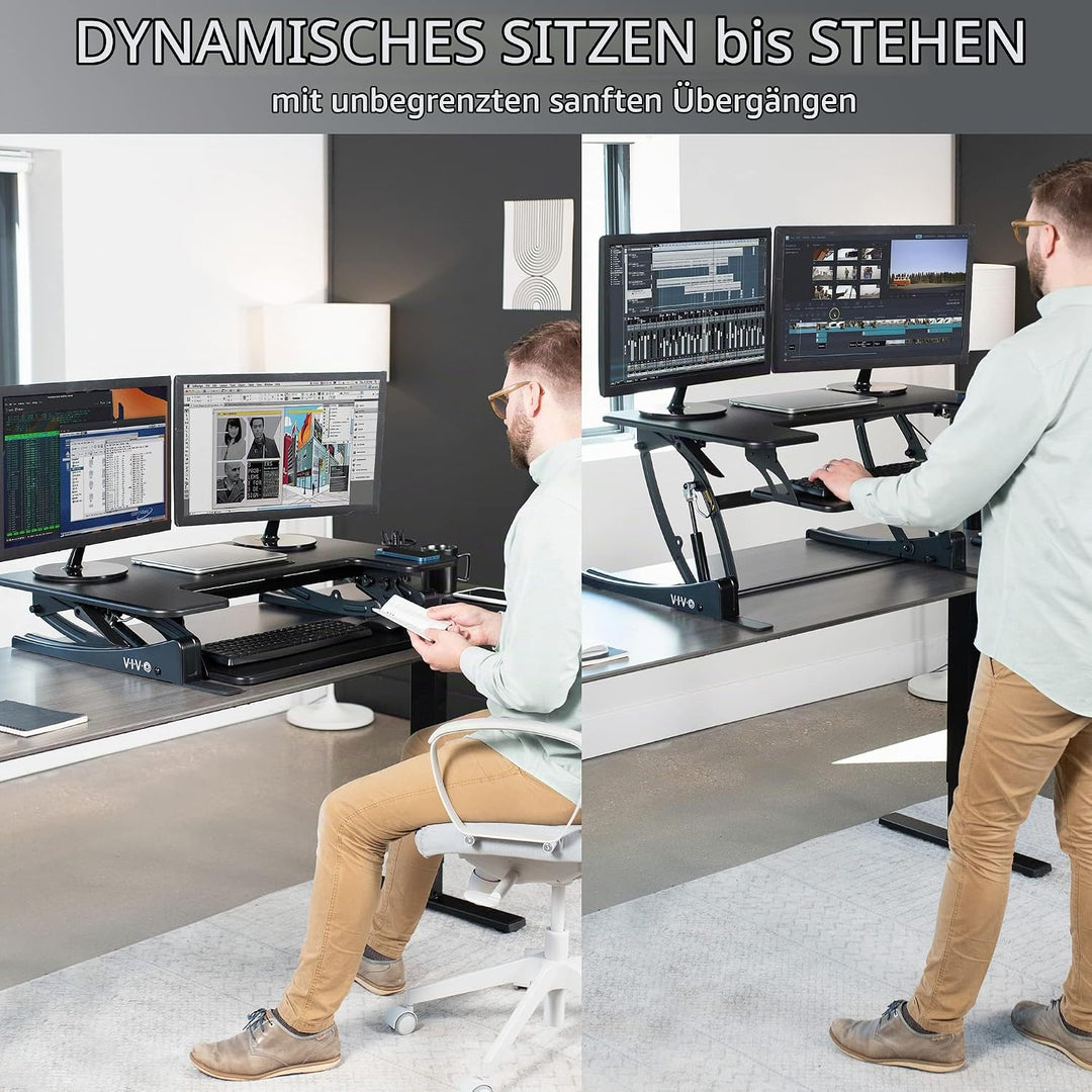 VIVO 91 cm höhenverstellbarer Steh-Sitz-Schreibtischaufsatz, V-Serie, Schnellwechsel-Tisch-Monitorst