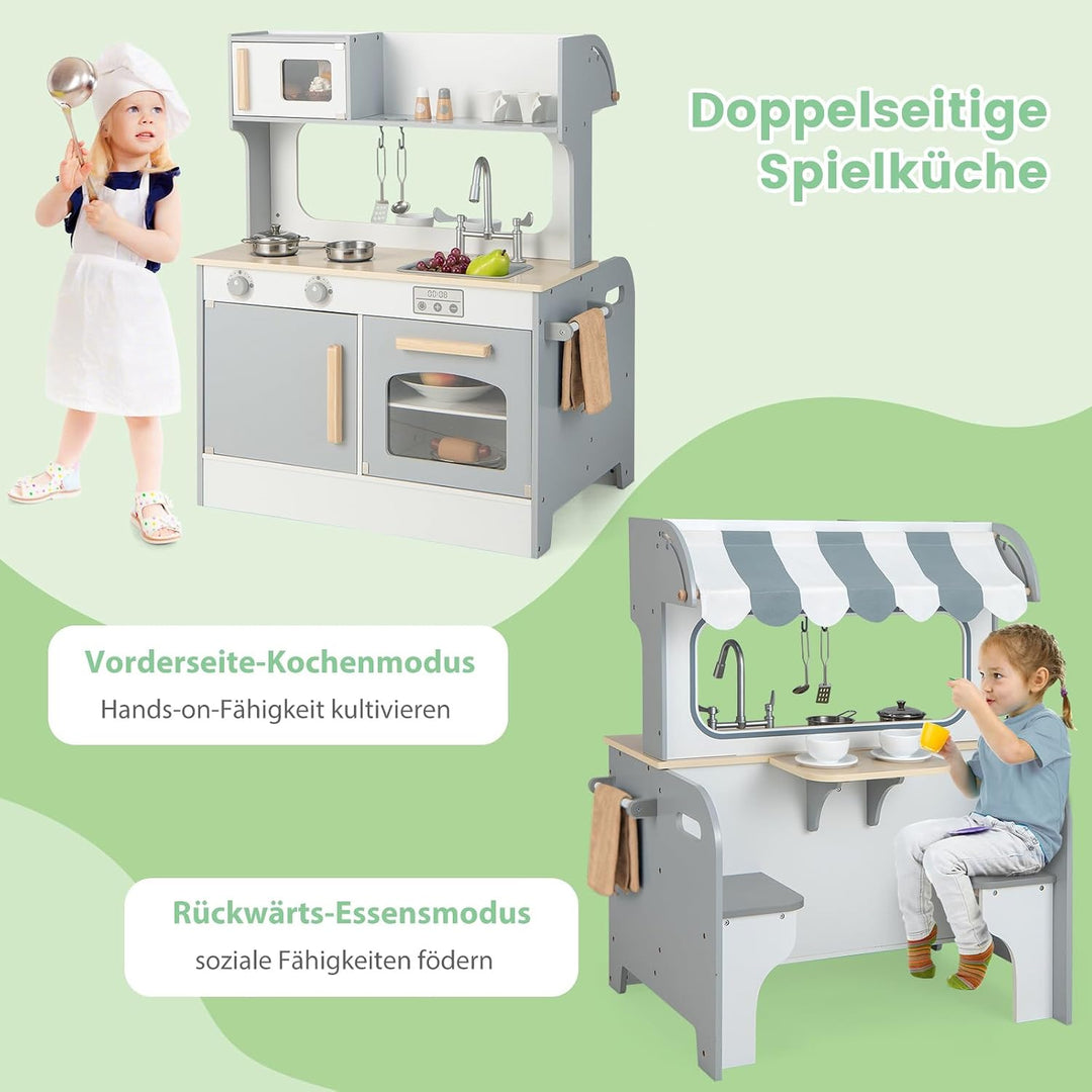 COSTWAY 2 in 1 Kinderküche mit Zubehör, Spielküche mit Restaurant zum Kochen &amp; Servieren, Holzküche