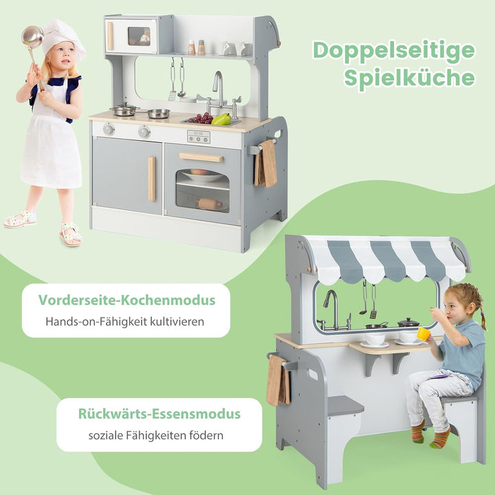 COSTWAY 2 in 1 Kinderküche mit Zubehör, Spielküche mit Restaurant zum Kochen &amp; Servieren, Holzküche