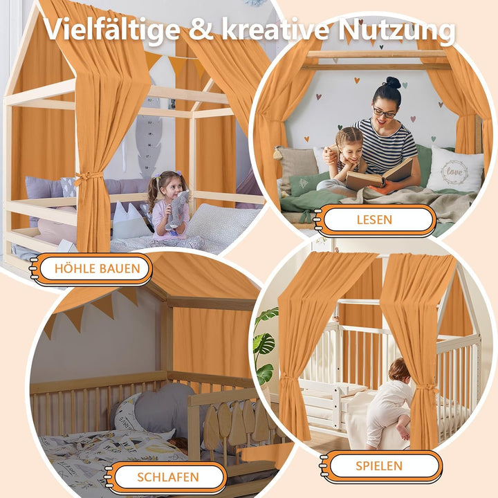 Alishomtll Hausbett Himmel Deko Set, 2 Betthimmel Hausbett aus 100% Baumwolle Musselin, 1 Wimpelkett