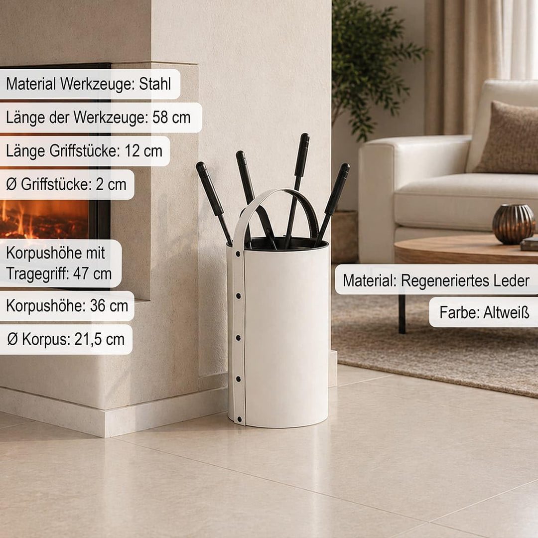 MS Beschläge Kaminbesteck Set 5-tlg mit Besteckbehälter aus Leder Altweiss - moderne Kamingarnitur K
