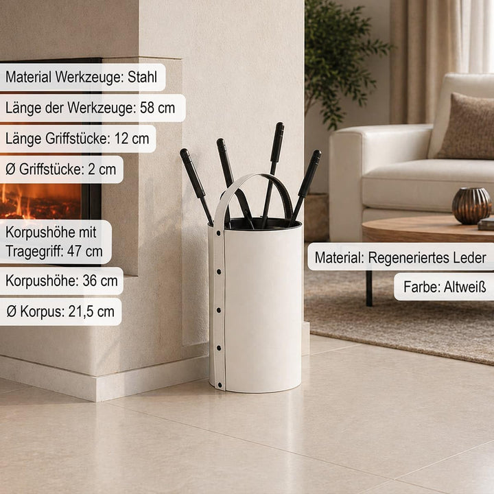 MS Beschläge Kaminbesteck Set 5-tlg mit Besteckbehälter aus Leder Altweiss - moderne Kamingarnitur K