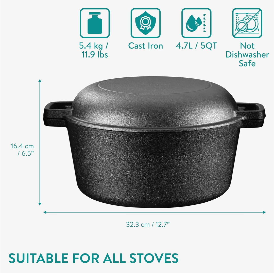 Navaris Gusseisen Topf Bratentopf Pfannendeckel - 4,7l - 2in1 Dutch Oven Pfanne temperaturbeständig