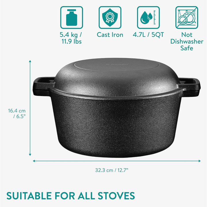 Navaris Gusseisen Topf Bratentopf Pfannendeckel - 4,7l - 2in1 Dutch Oven Pfanne temperaturbeständig