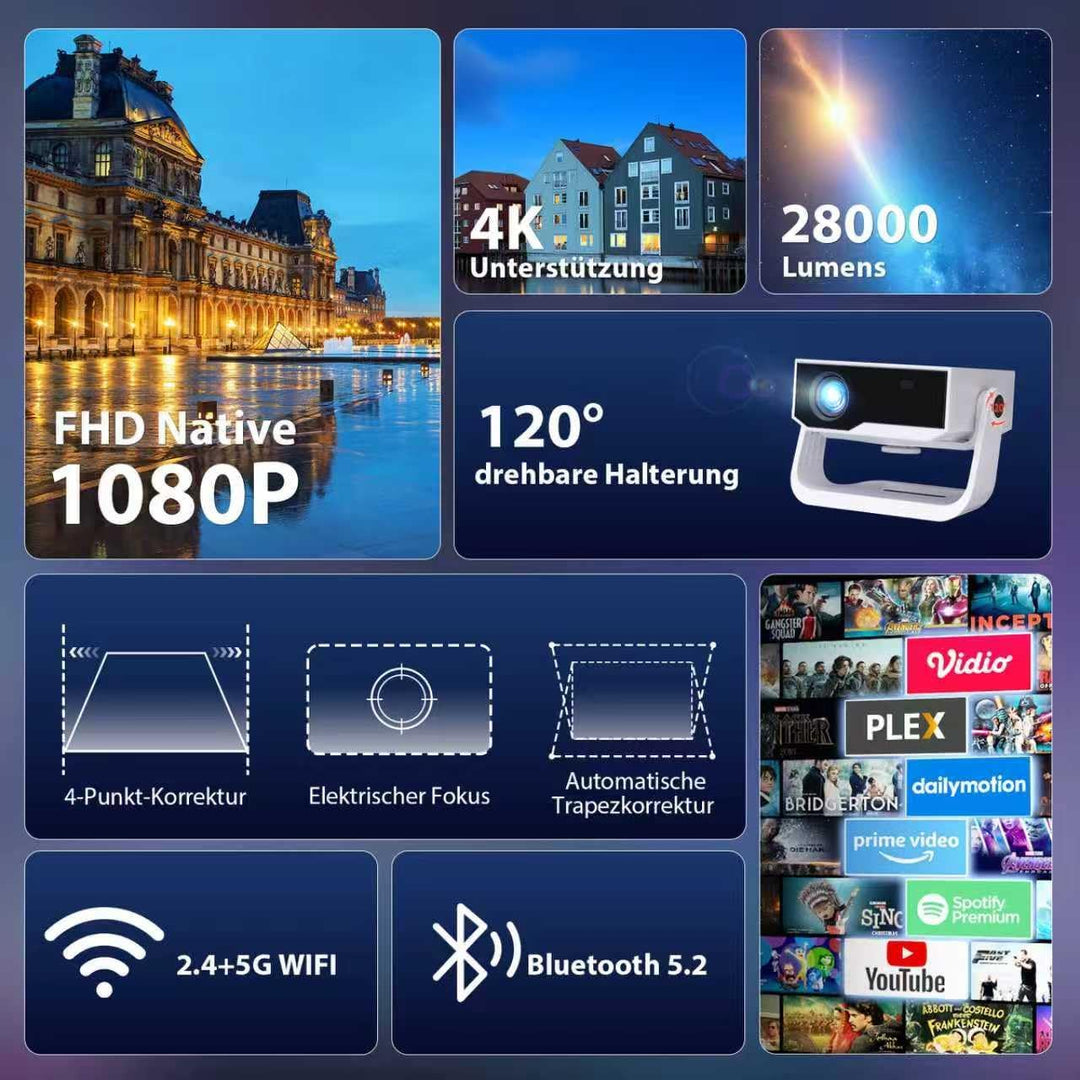 2025 Neuer Smart Beamer 4K Unterstützung, Android 11, Full HD 1080P, 28000 Lumens, WiFi 6 & BT 5.2,