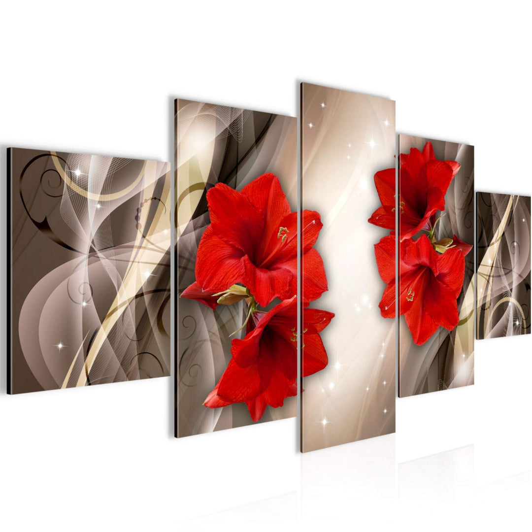 Runa Art Wandbilder Blumen Lilien 5 Teilig Bild auf Vlies Leinwand Deko Wohnzimmer Abstrakt Rot Beig