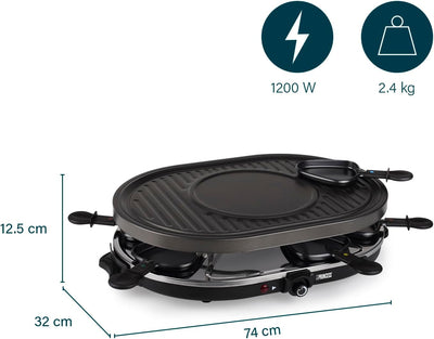 Princess Raclette Grill - Oval, 8 Pfannen, Multifunktionale Platte mit Crépes Bereich, 1200 Watt, 42