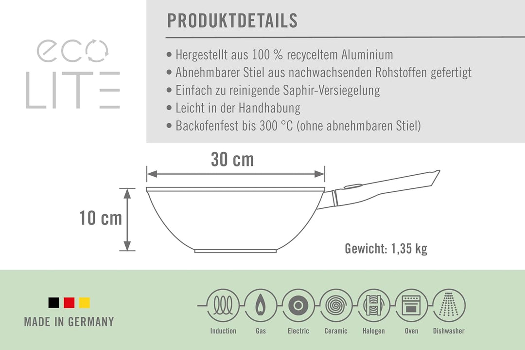 Woll Eco Lite Wok- und Rührpfanne - Induktiv -, Ø 30 cm, 9 cm hoch, mit abnehmbarem Stiel - Geeignet