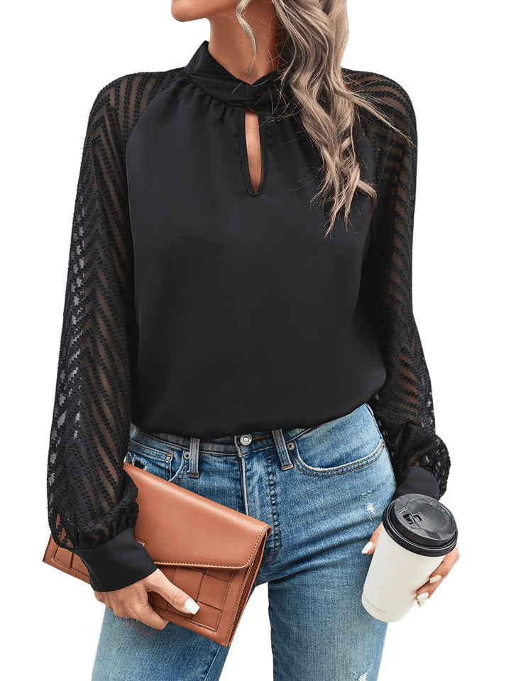 GORGLITTER Damen Blusen Elegant Mesh Raglanärmel Oberteil Hemdbluse Langarmshirt mit Chevron Mesh XL
