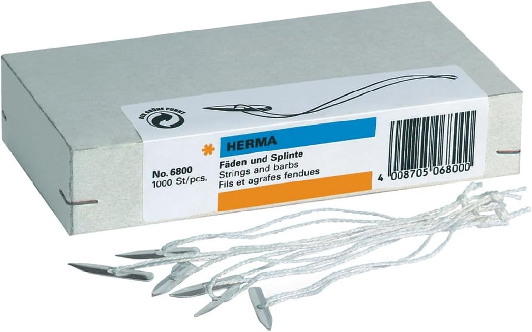 HERMA 6800 Fäden und Splinte für Anhänger, 1000 Stück, Fadenlänge 8 cm, Schnur mit Metallsplint für