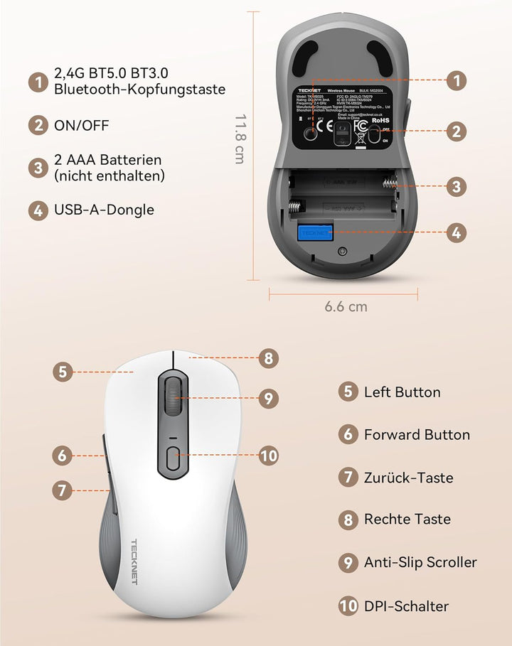 TECKNET Bluetooth Maus, Maus Kabellos (Tri-Modus: BT 5.0/3.0+2.4G) 4800 DPI Leise Mouse, Funkmaus mi