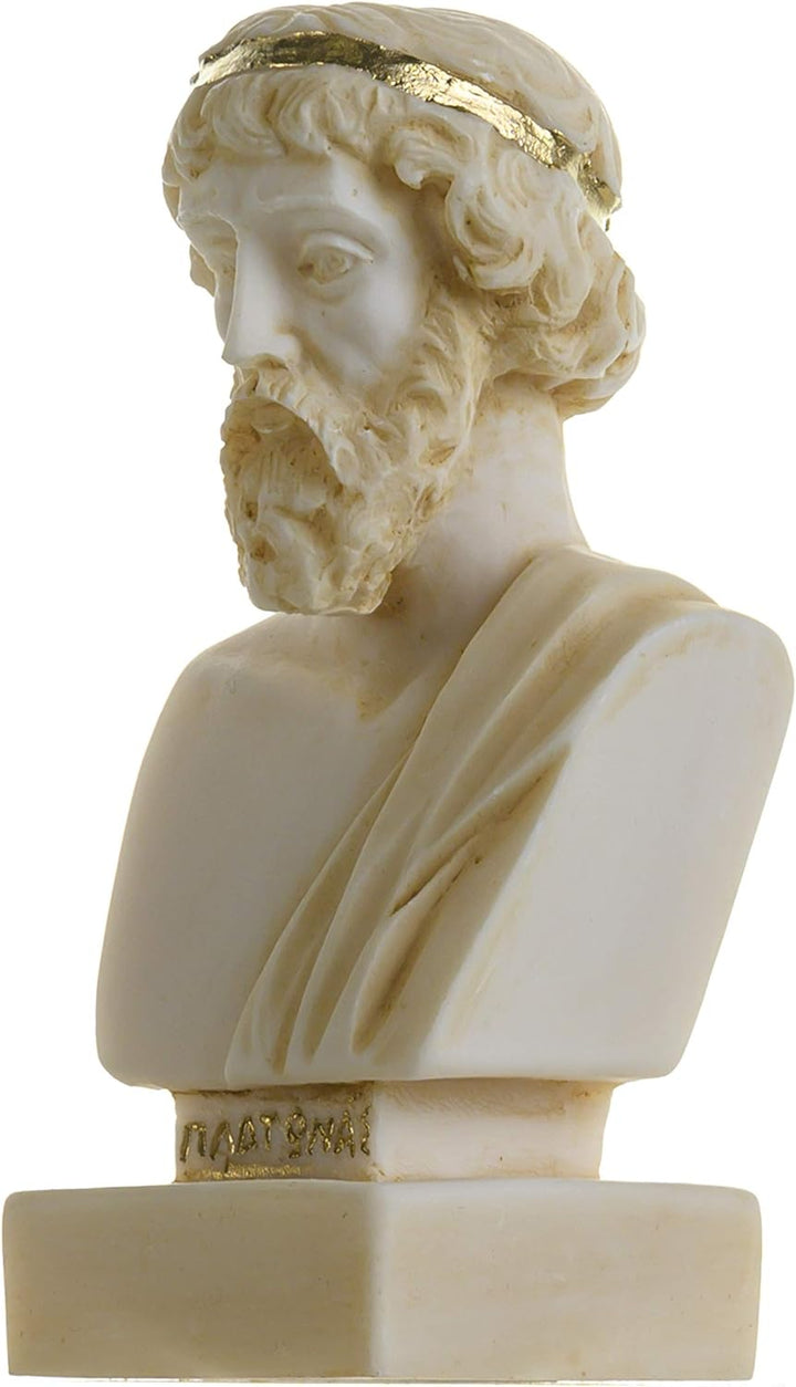 Plato Griechischer Philosophievater Statue Alabaster, handgefertigt, Kopfbüste goldfarben