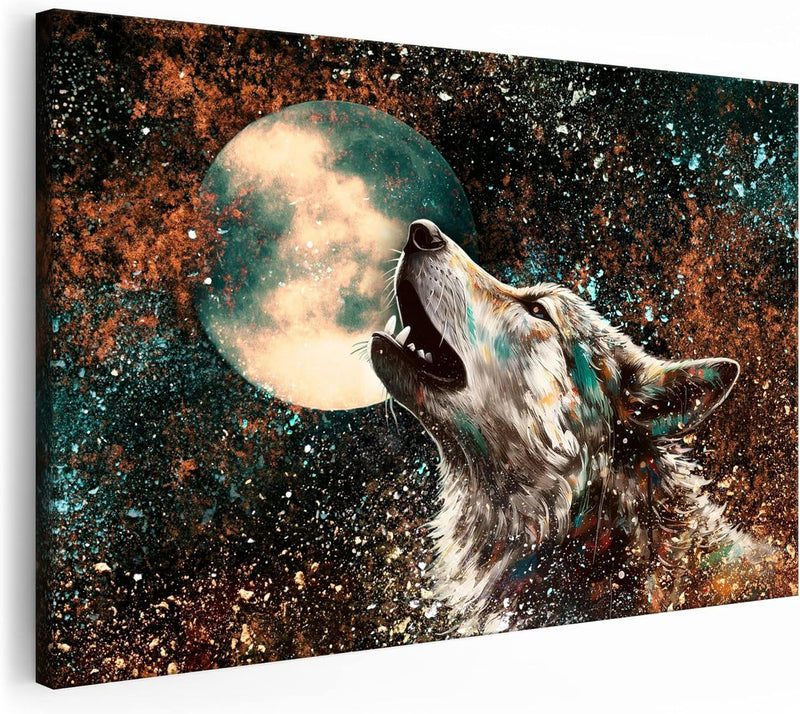 Artmazing | Wolf Bild Bunt | Bild Wolf Mond auf Leinwand | Wolfsbilder Modern | Bilder Wohnzimmer gr