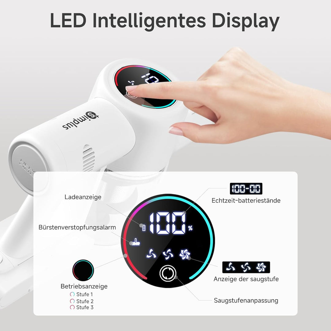 SIMPLUS Akku Staubsauger 22000Pa, 3-Stufen Saugkraft, LED-Display, 5-Fach Filterung, 40 Min Laufzeit