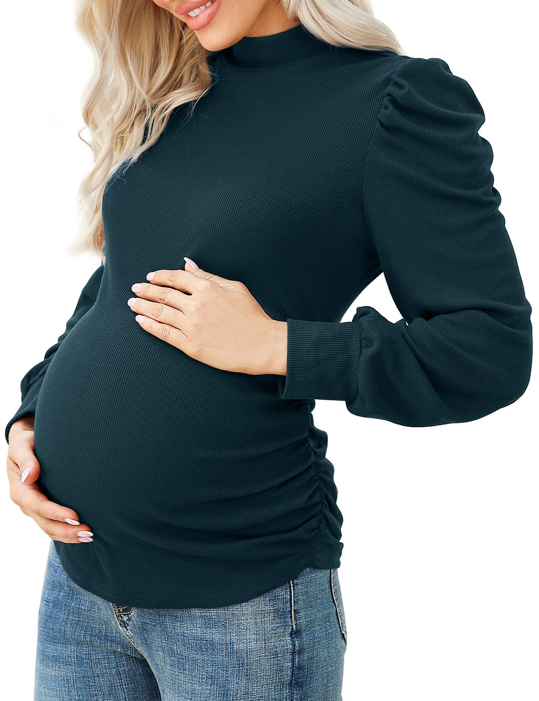 KOJOOIN Damen Umstandsshirt mit Streifen Kurzarm Umstandsbluse Rollkragen Umstandsmode mit Seite Ger