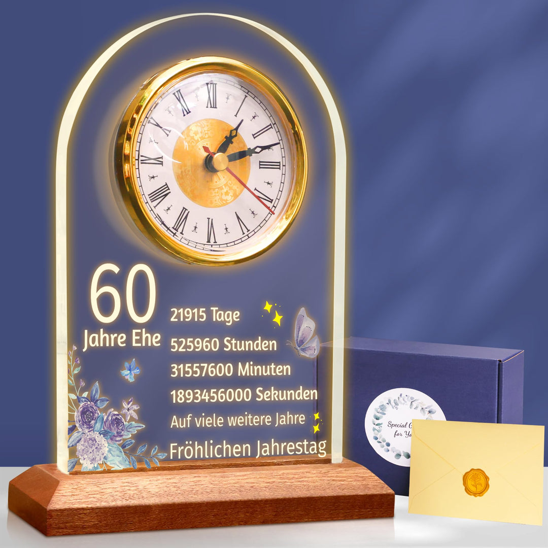 OkiyiD 60. Jahrestag Hochzeit Geschenk, Jahrestag Quarzuhr, Schreibtisch Tisch Uhr, 60 Jahre Ehe, Di