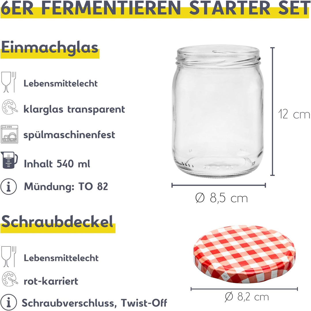 mikken Fermentier Starter Set 6 Fermentiergläser 540 ml mit Gitter, Deckel und Holzstampfer