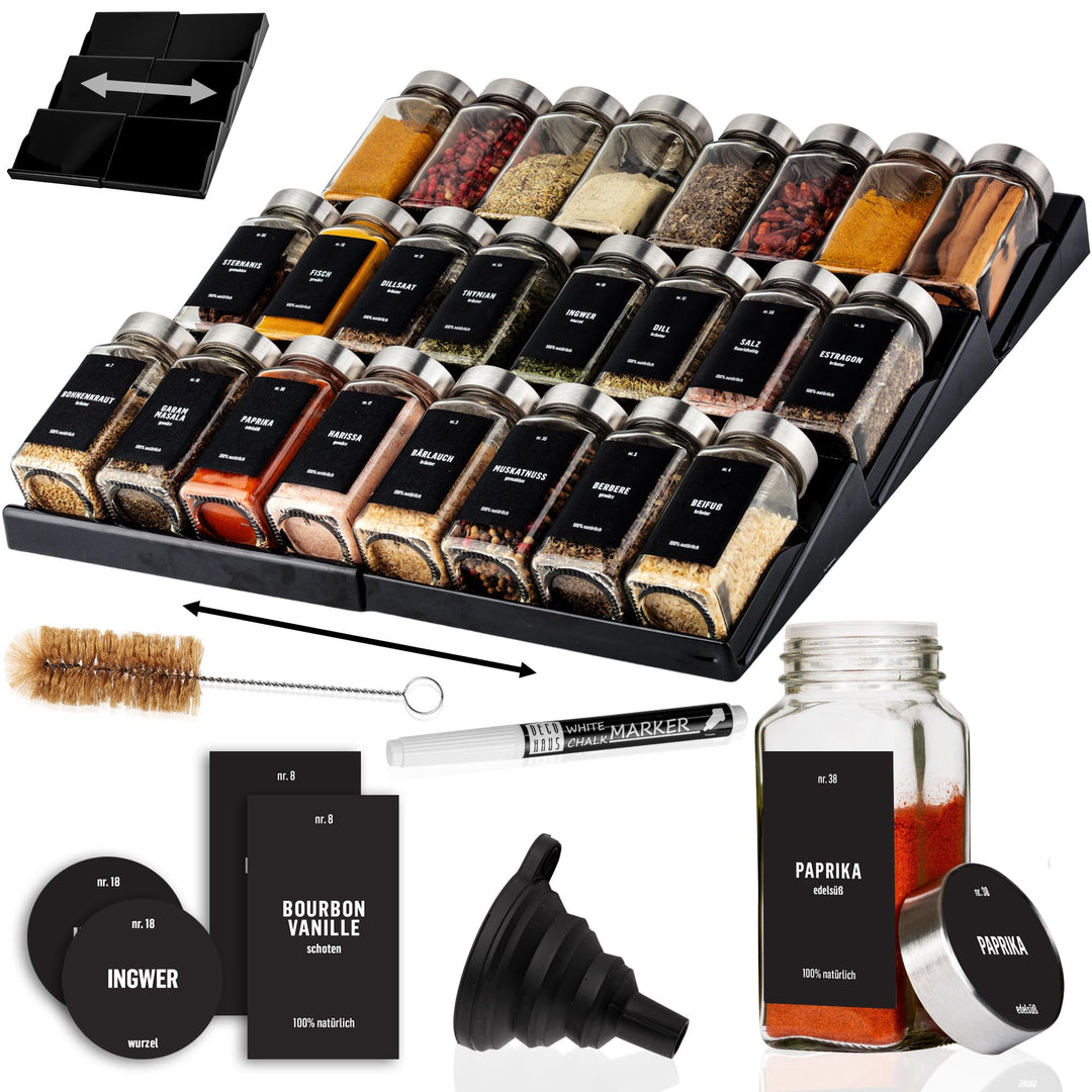 Deco haus® Gewürzregal mit Gläsern [MIT 24 GEWÜRZGLÄSER & ETIKETTEN] - Gewürzregal Schublade auszieh
