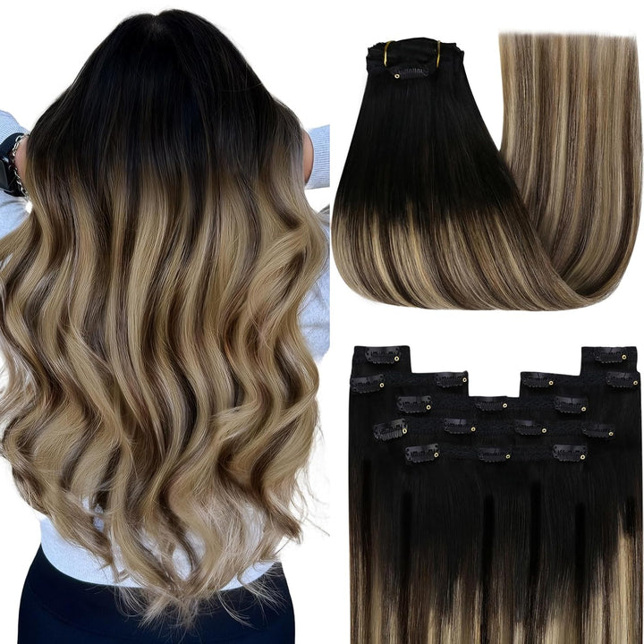 YoungSee Clip in Extensions Balayage Schwarz Echthaar Extensions Clip Schwarz Ombre Braun Blond Clip