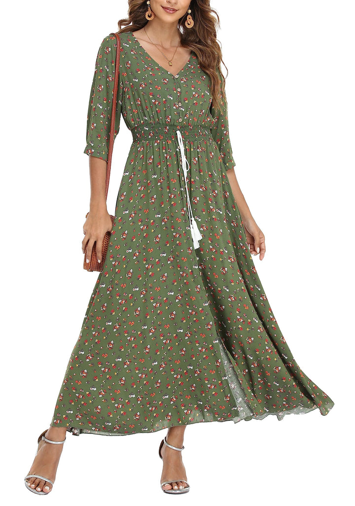VOGMATE Damen Lange Split Knopf Up Sommer Maxikleid Floral Strandwear Holidy Kleid Hohe Taille mit k