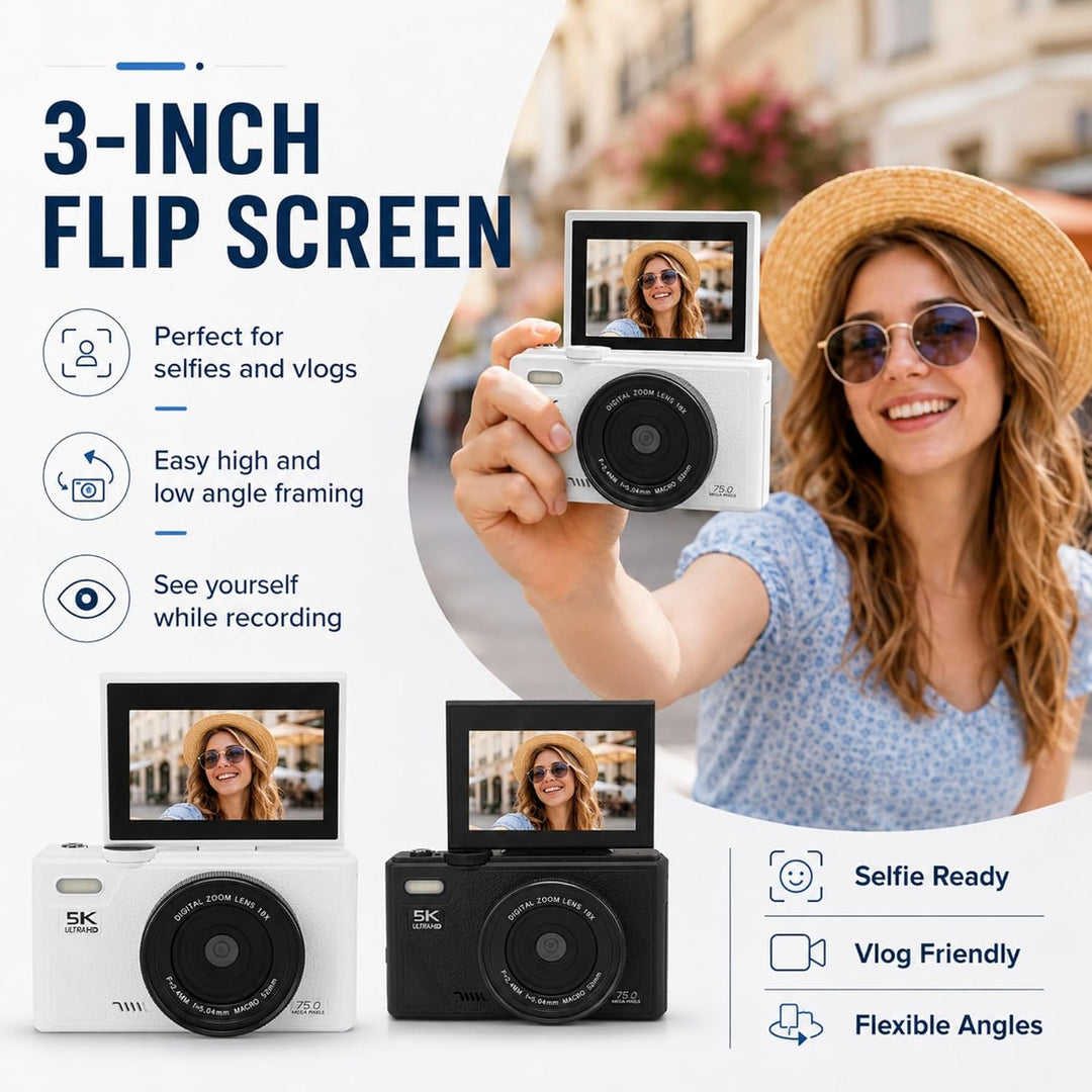 5K 75MP Digitalkamera mit 18 facher Optischer Zoomstabilisierung, 3 Zoll Flip Bildschirm, Retro Digi