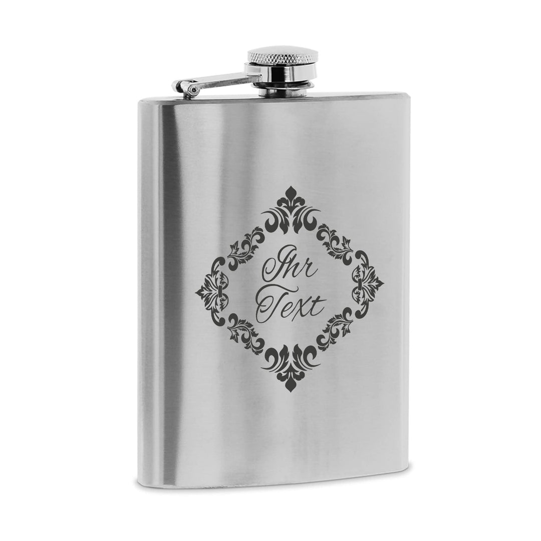 stempel-fabrik – personalisierbarer Flachmann aus Edelstahl mit Name – Motiv Ornament – Taschenflasc