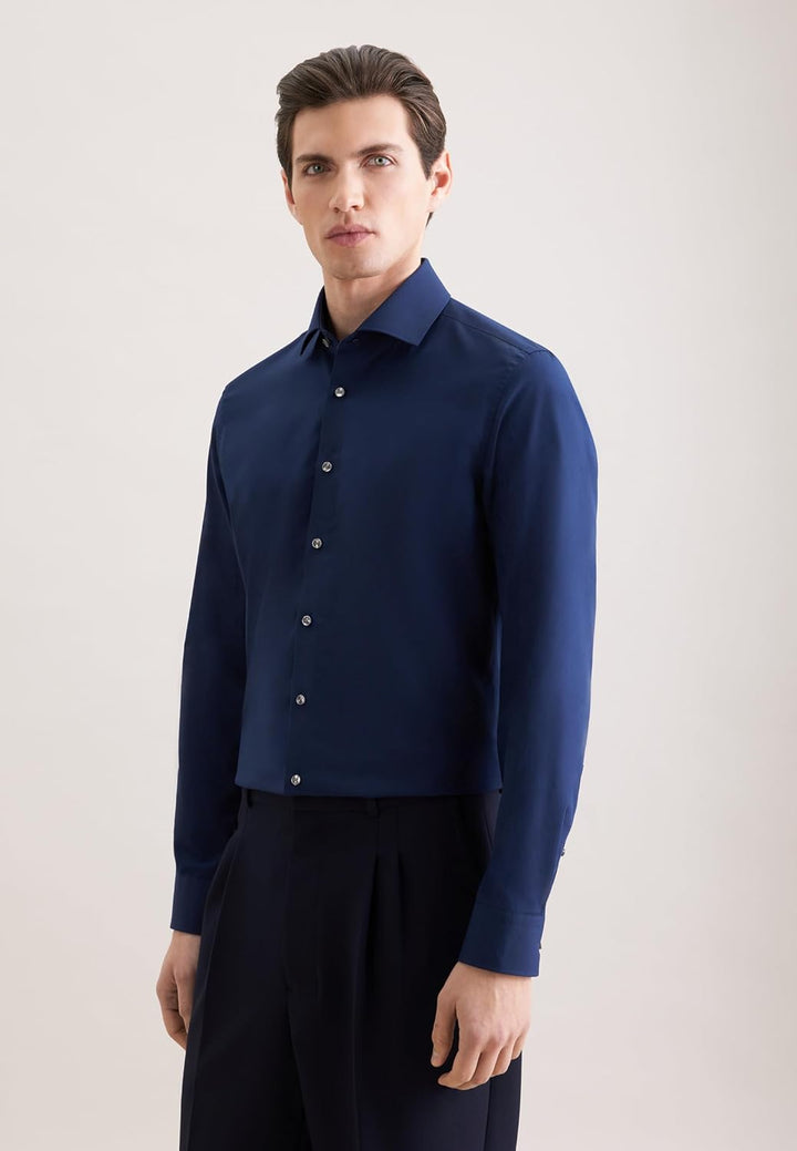 Seidensticker Herren Men Slim Patch Longsleeve Cotton Hemd 36 Dunkelblau(665477), 36 Dunkelblau(6654