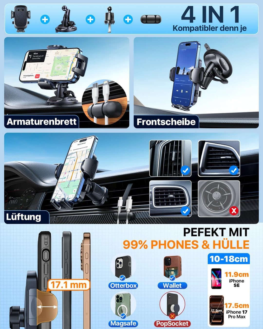 2026 Exclusive Wackelfrei Handyhalterung Auto YRU【Upgrade Bombenfest Saugnapf & Clip】Handy Halterung