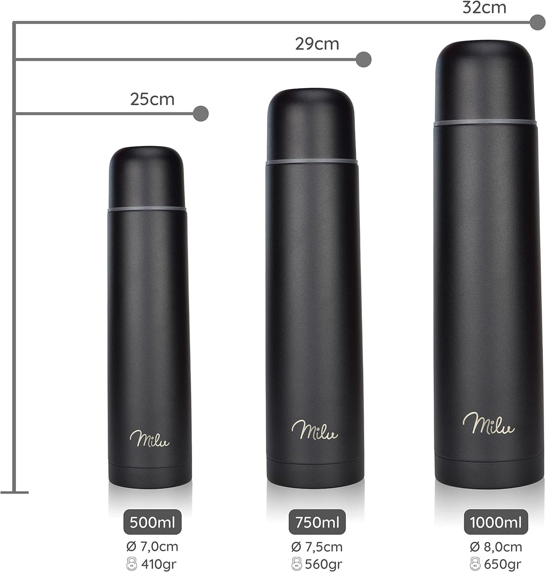 Milu Thermosflasche Thermoskanne Isolierflasche 1L, 750ml, 500ml - Isolierte Edelstahl Trinkflasche,
