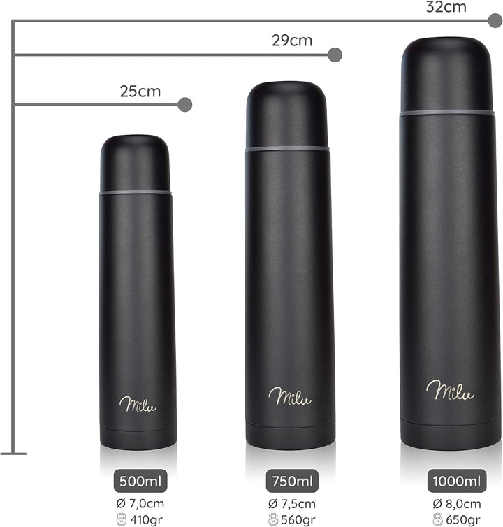 Milu Thermosflasche Thermoskanne Isolierflasche 1L, 750ml, 500ml - Isolierte Edelstahl Trinkflasche,