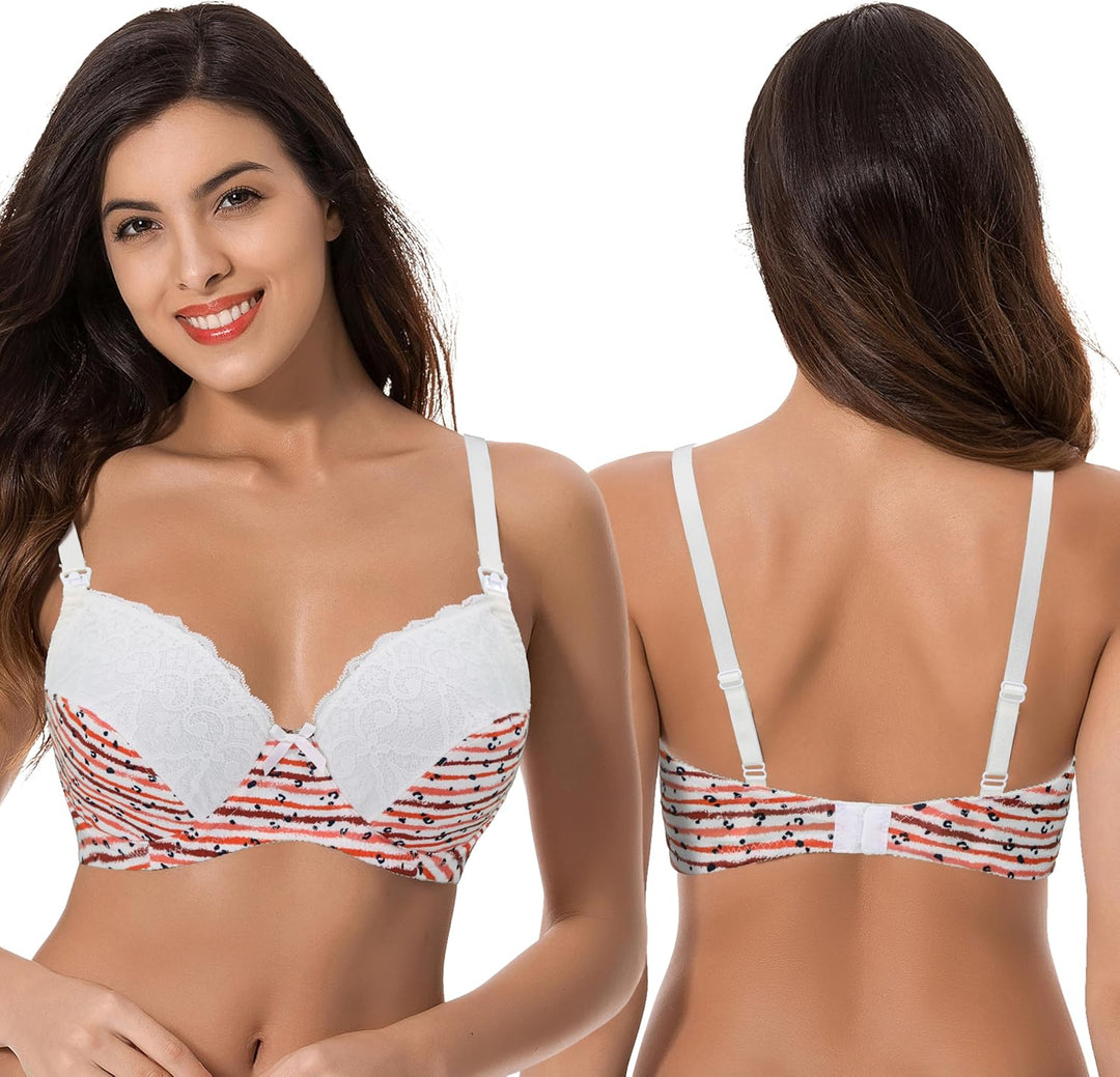 Curve Muse Übergrösse Still Baumwolle Ungefüttert Drahtloser BH Mit Spitzenbesatz 100D Mandel Druck