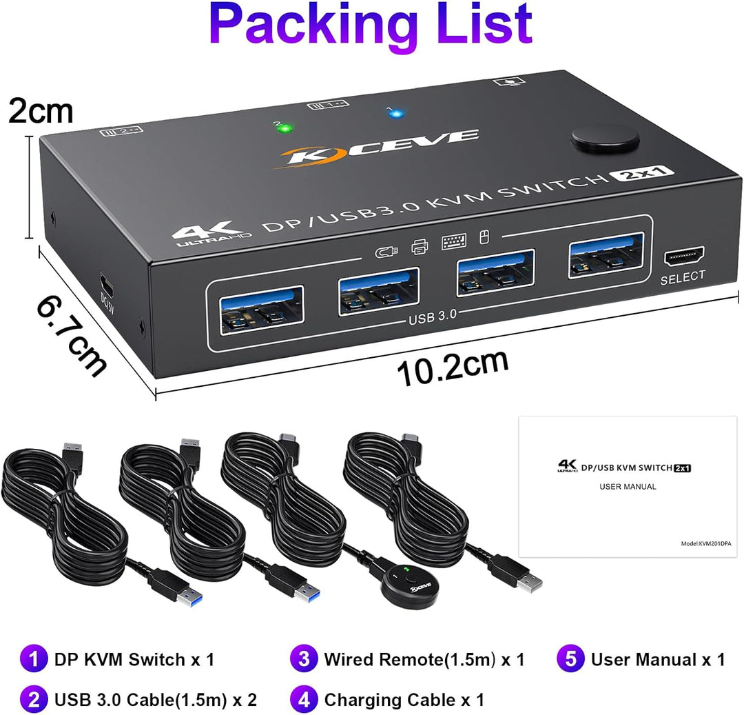 USB 3.0 KVM Switch Displayport 4K@144Hz, KVM Switch 2 PC 1 Monitor 8K@30Hz, DP KVM Switches for 2 PC
