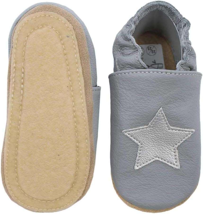 HOBEA-Germany Kitaschuhe Safestep, Kinderhausschuhe, Lederschuhe 20/21 EU Grau Stern Silber, 20/21 E