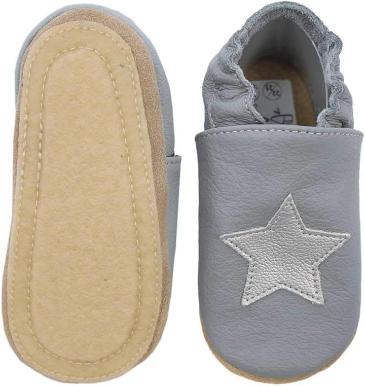 HOBEA-Germany Kitaschuhe Safestep, Kinderhausschuhe, Lederschuhe 20/21 EU Grau Stern Silber, 20/21 E