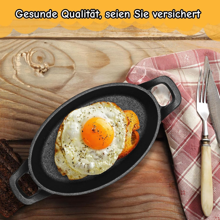 6 Stück Mini Gusseisen Servierpfännchen Set | 15.5 x 9.5 cm kleine Bratpfannen mit Griff | Gusseisen