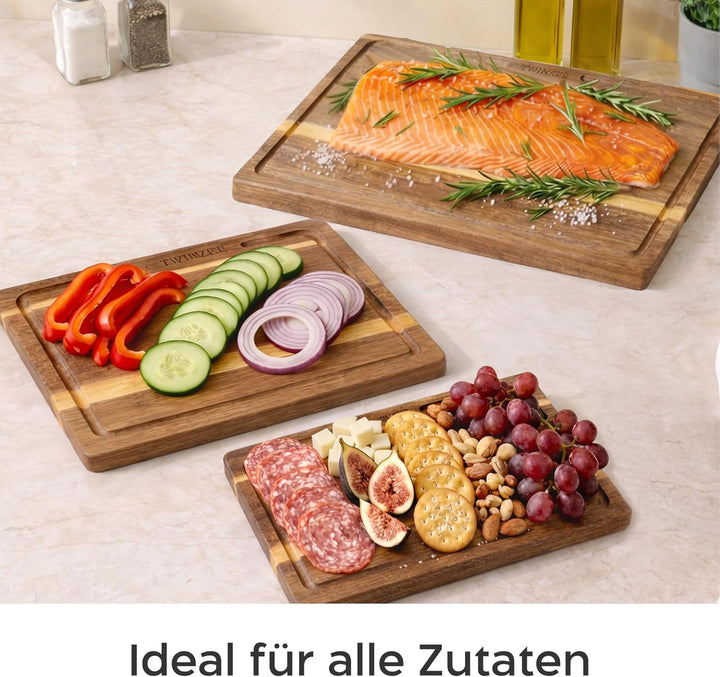 Twinzee Schneidebrett 3er Set (40 x 30/33 x 24/26 x 18 cm) aus Massiver Akazie - Schneidebrett Holz