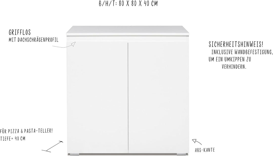 Kommode (B/H/T: 80 x 80 x 40 cm) griffloses Design, weiss matt