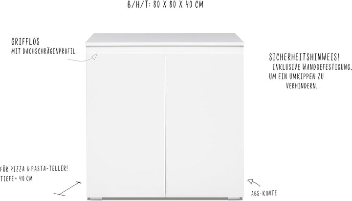 Kommode (B/H/T: 80 x 80 x 40 cm) griffloses Design, weiss matt