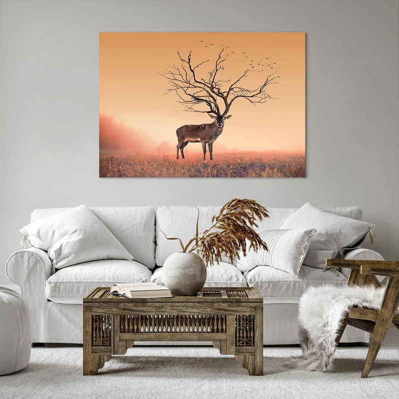 ARTTOR Bilder auf Leinwand 100x70cm Leinwandbild Hirsch Baum Nebel Wald Gross Wanddeko Bild Schlafzi