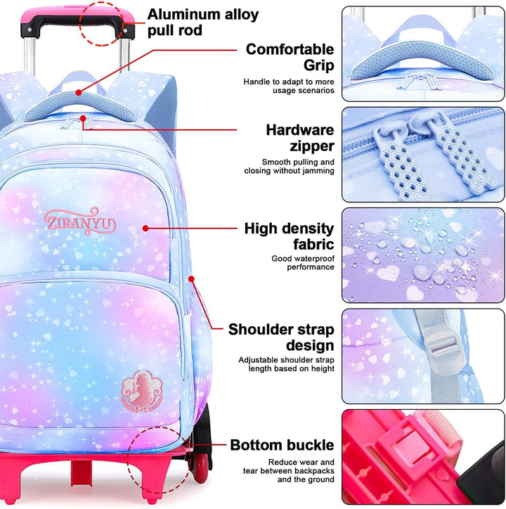 Voici et Voila 3PCS Schulrucksack Rollen Mädchen Trolley Rucksack mit Rollen Mädchen Teenager Schult