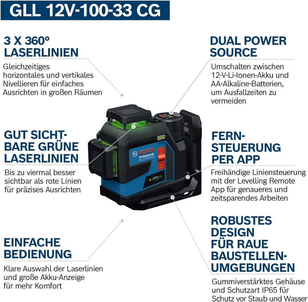Bosch Professional Linienlaser GLL 12V-100-33 CG (3 x 360° grüner Laser, Arbeitsbereich 100 m (Radiu