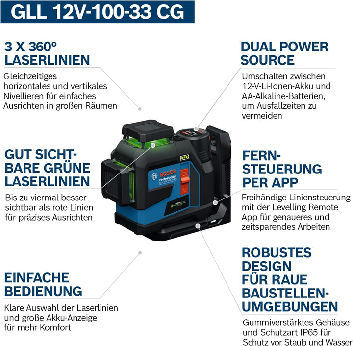 Bosch Professional Linienlaser GLL 12V-100-33 CG (3 x 360° grüner Laser, Arbeitsbereich 100 m (Radiu