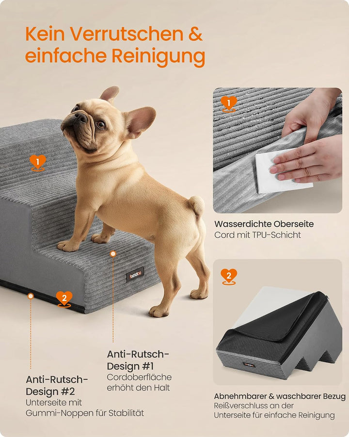 Feandrea Hundetreppe, 3 Stufen Katzentreppe aus Schaumstoff, Hunderampe für Kleine Hunde, 46 x 40 x