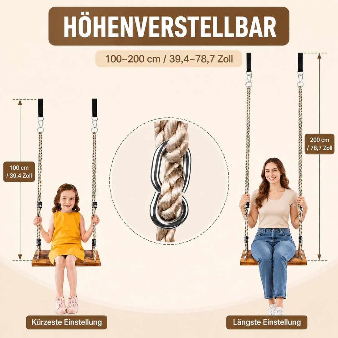 Holzschaukel für Garten & Innenbereich – Schaukelsitz aus Massivholz (43x20x2,5cm) bis 200kg, Kinder