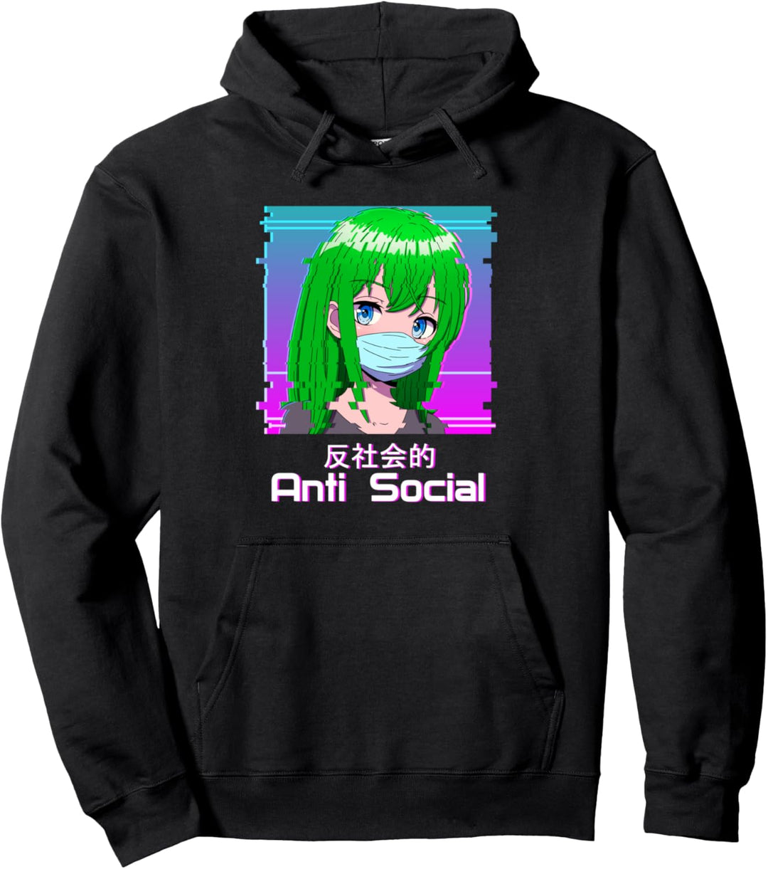 Antisocial Anime Girl In Face Mask Vaporwave Anti Social Pullover Hoodie