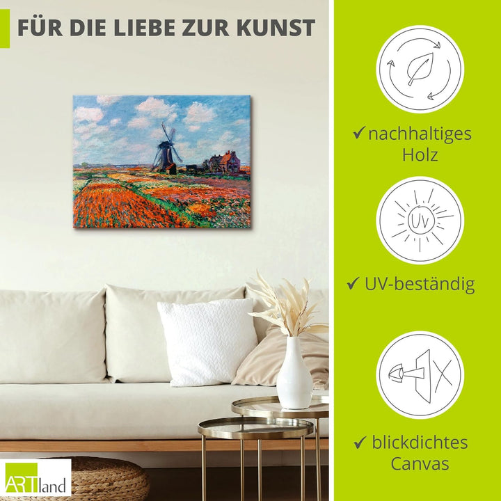 ARTland Leinwandbilder Wandbild Bild auf Leinwand 80x60 cm Wanddeko Idyll Dorf Windmühle Blumen Tulp