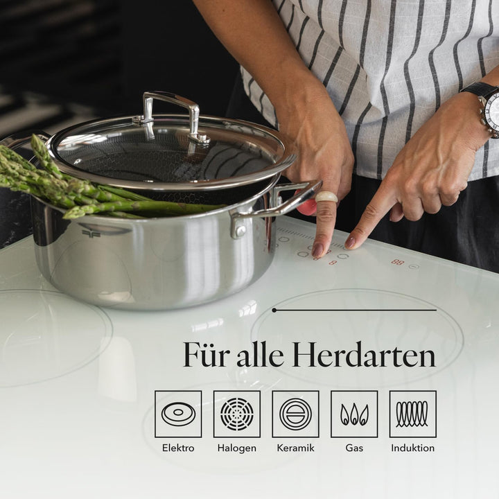 FLORINA ARISTO Edelstahltopf mit Glasdeckel 4,5l 24 cm Durchmesser | Für Induktions-, Gas-, Elektro-