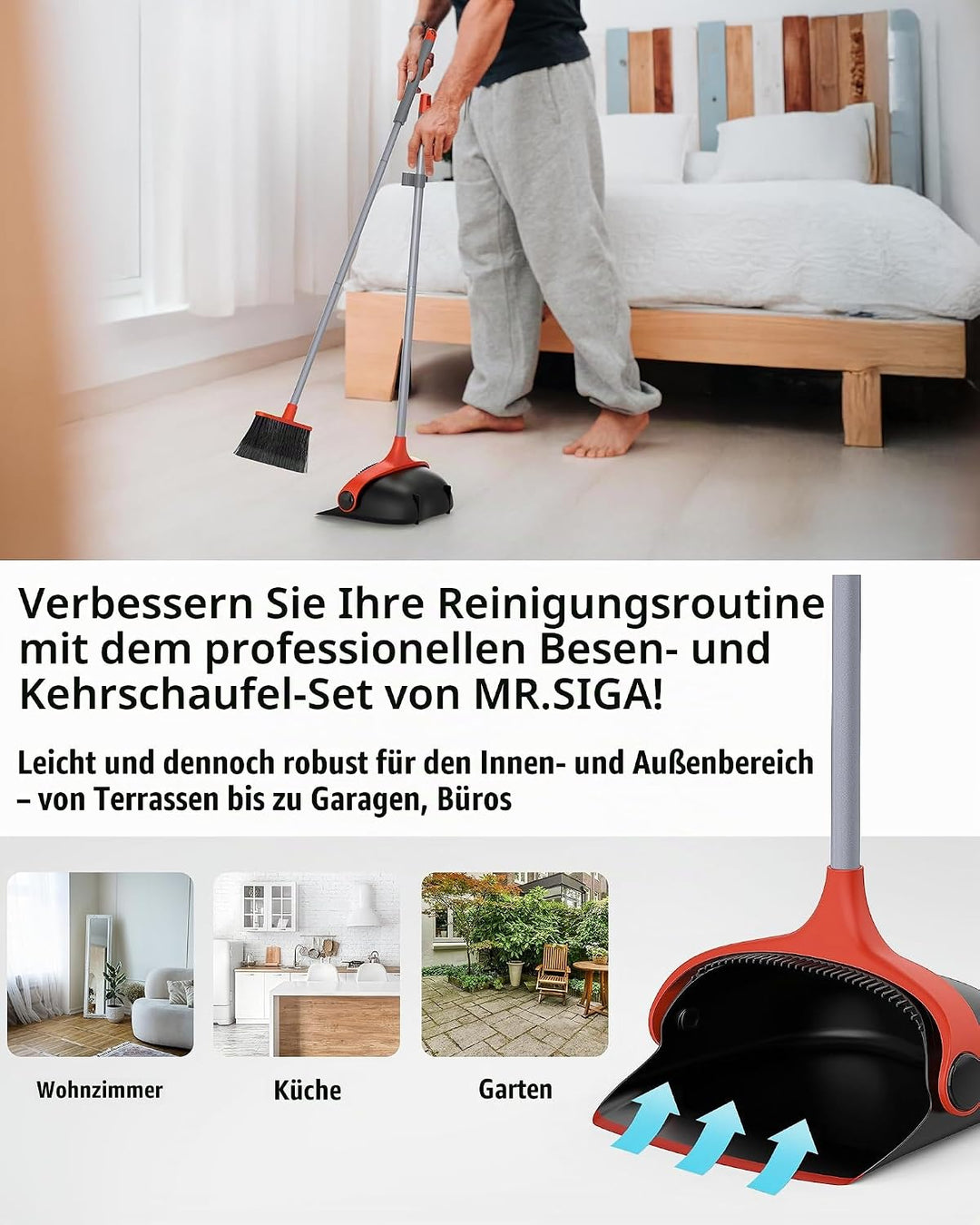 MR.SIGA Besen und Kehrschaufel Set mit langem Stiel, Standbesen mit Kehrschaufel für die Bodenreinig